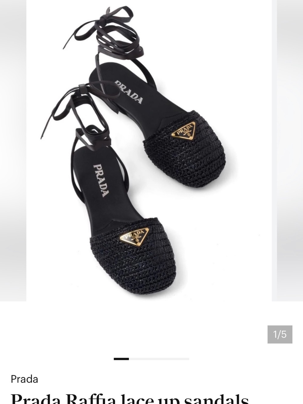 Prada Black Raffia Lace-Up Flat Sandals with Gold Logo